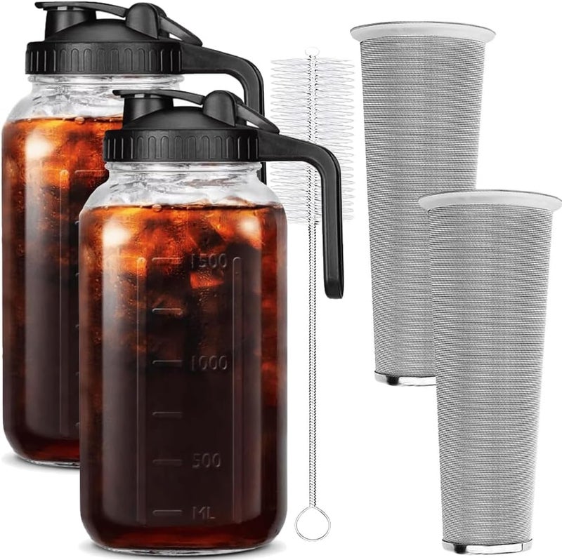 HomeCheer 2 Set 64 oz (2 Quart), Black Cold Brew Coffee Maker, Iced Tea Machines, Thick Glass with Pour Spout Handle Lid, Stainless Steel Filter for Iced Coffee, Fruit Drinks or Sun Tea (2) - Image 1
